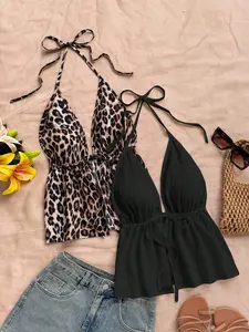 Fashion Sexy Women's Backless Top Set, Leopard Print Adjustable Halter Tie Design, Trendy Fitted Spaghetti Strap Tank, Perfect for Vacation, Date, Travel, Commuting