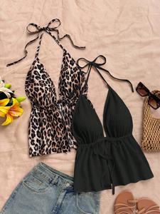 Fashion Sexy Women's Backless Top Set, Leopard Print Adjustable Halter Tie Design, Trendy Fitted Spaghetti Strap Tank, Perfect for Vacation, Date, Travel, Commuting