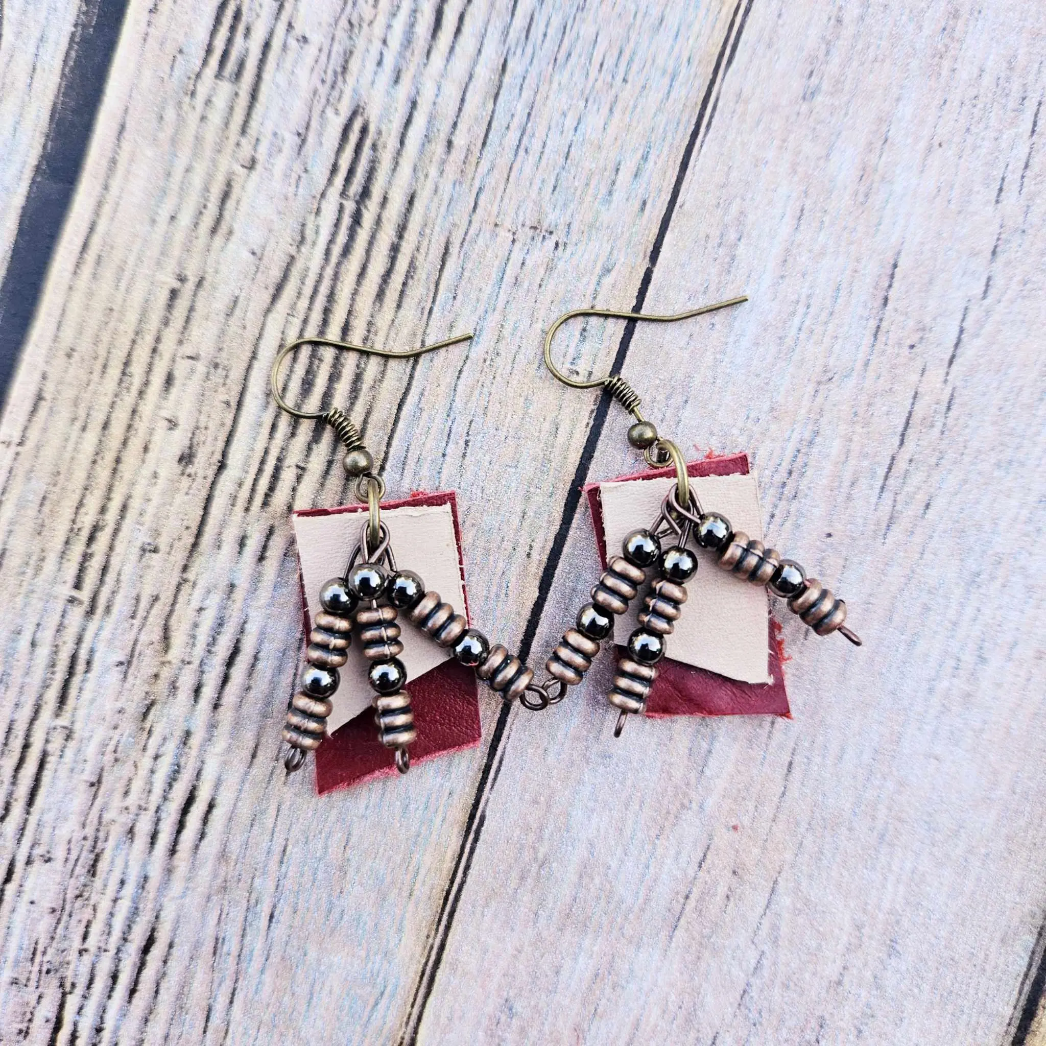 Handcrafted Vegetable-Tan Leather Dangle Earrings with Assorted Beads