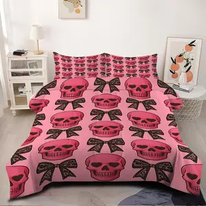 2/3Pcs Gothic Pastel Skulls and Bows Comforter Set, Stylish Spooky Bedding Set, Soft Lightweight Quilt for Trendy Bedroom Decorations, Perfect for Alternative Aesthetic Lovers,1 or 2 Pillowcase No Pillow Core