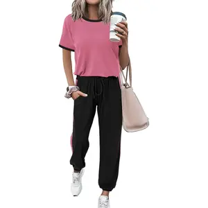 Womens 2 Piece Outfits 2026 Summer Tracksuit Sets Short Sleeve Tops Travel Long Pants Jogger Lounge SetGift