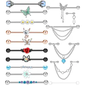 9-16pcs 14G Industrial Piercing Stainless Steel Industrial Earrings Barbell with Chain Dangle for Women Men Cartilage Stud Industrial Piercing Jewelry 1 1/2 Inch 38mm