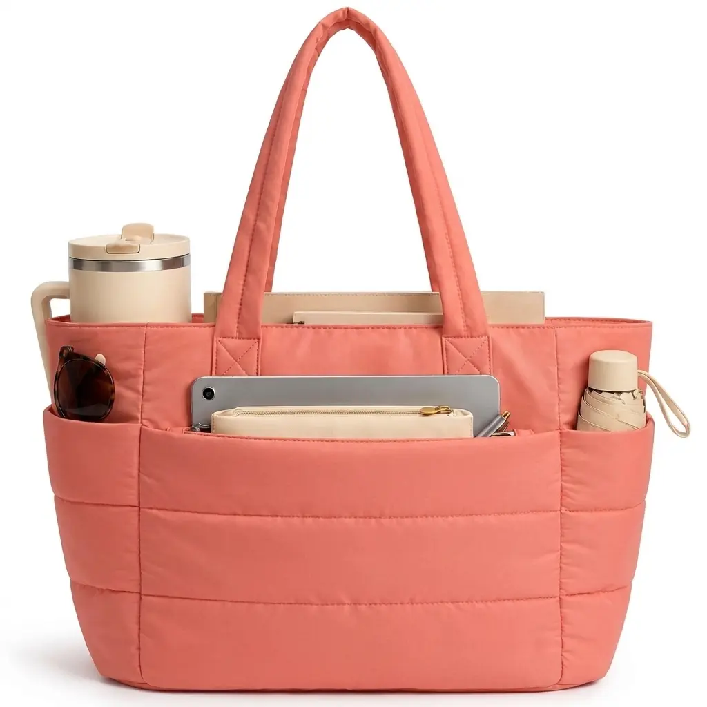 Quilted Down Bags 20L Puffy Quilted Nylon Tote Bag for Women, Lightweight Padded Bubble Laptop Shoulder Handbag, Multi‑Pocket Quilted Down Bag for Work, School & Travel