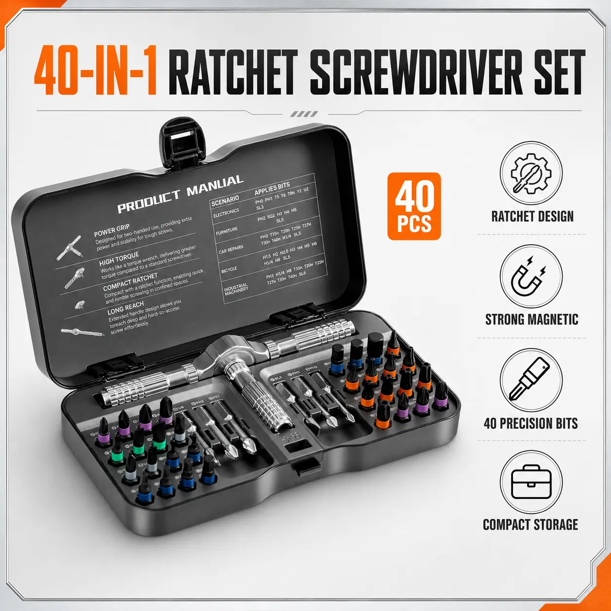 40-in-1 Ratchet Screwdriver Set, Multi-Functional Precision Tool Kit with Magnetic Bits, T-Handle Screwdriver, Extension Bar & Portable Storage Case for Home Repair, Electronics, Furniture, Bicycle DIY