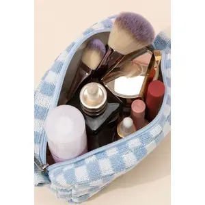Viral Checkered Knit Makeup Bag - Small Knitted Fabric Pouch with Secure Zipper Closure for Travel and Daily Use