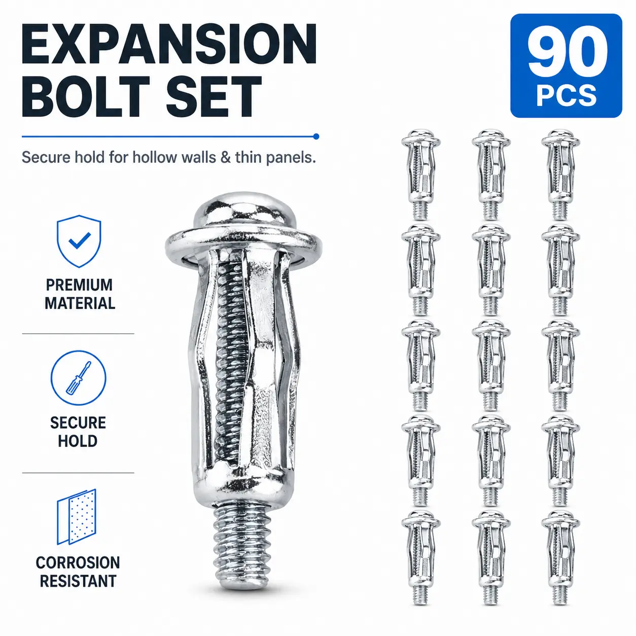 90-Count Galvanized Carbon Steel Expansion Screw & Nut Kit (M4*20, M5*25, M6) - 30 Pcs Per Size, Rust-Preventive, Easy Installation for Automobile License Plate Fixing, Fixing Thin Iron Plates, Square Pipes (M-175-90PCS)