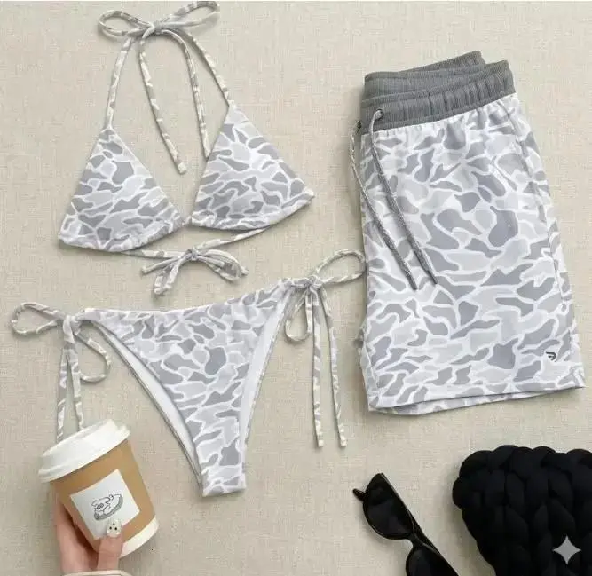 Grey Camouflage Couple Swimsuit Set, Matching Beach Outfits, Women's Padded Bikini & Men's Drawstring Swim Trunks