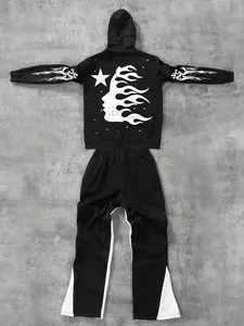 Men's Letter Print Zip Up Hoodie & Side Striped Drawstring Waist Sweatpants Two-piece Set, Regular Fit Casual Street Long Sleeve Pocket Hoodie & Flared Pants for Fall & Winter, Men's Two-piece Outfits for Daily Wear