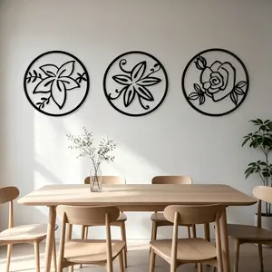 3 Piece Black Metal Floral Wall Art - Minimalist Hollow Out Flower Line Art Decor, Round Metal Frame Wall Sculptures, Modern Boho Wall Decor for Living Room Bedroom, Ready to HangHome Essentialsbedroom decor