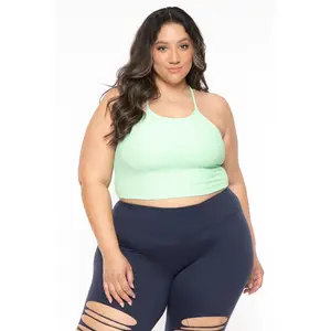 Plus Size Active Ribbed Halter  Top  - Green