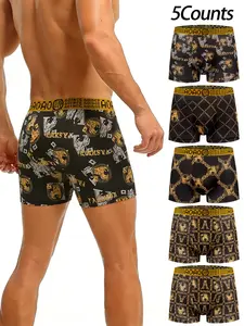 5 pcs black gold printed mid waist flat angle underwear, Soft, breathable - elastic sports shorts, stretch shorts, Athletic Wear Shorts, Suitable for daily wear and running exercise