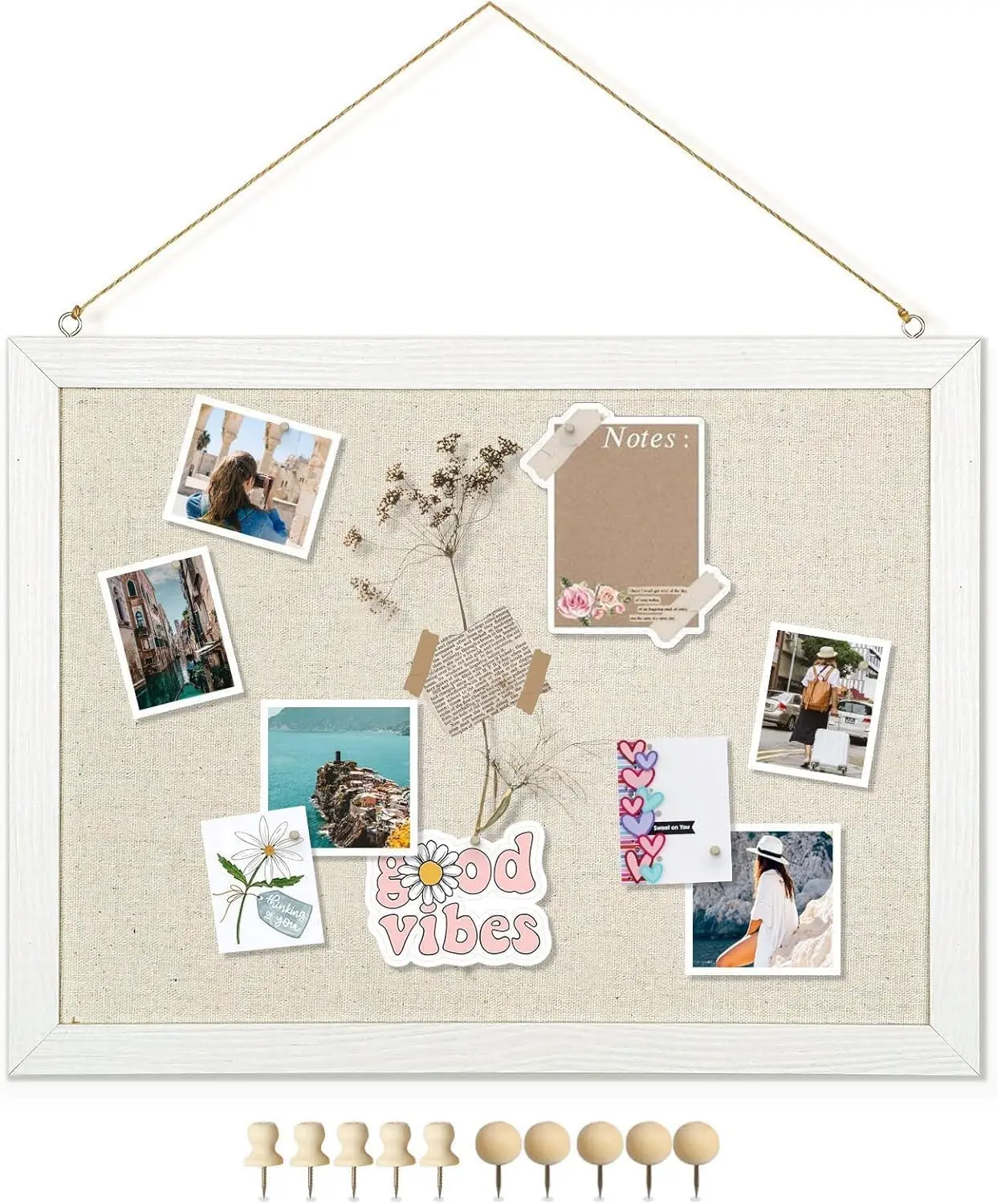 1-Pack 16''x12'' Double-Sided Linen-Covered Wood Framed Cork Bulletin Board for Walls, Small Pin Board with 10 Pushpins for Home & Office Decor (Classroom Supplies)