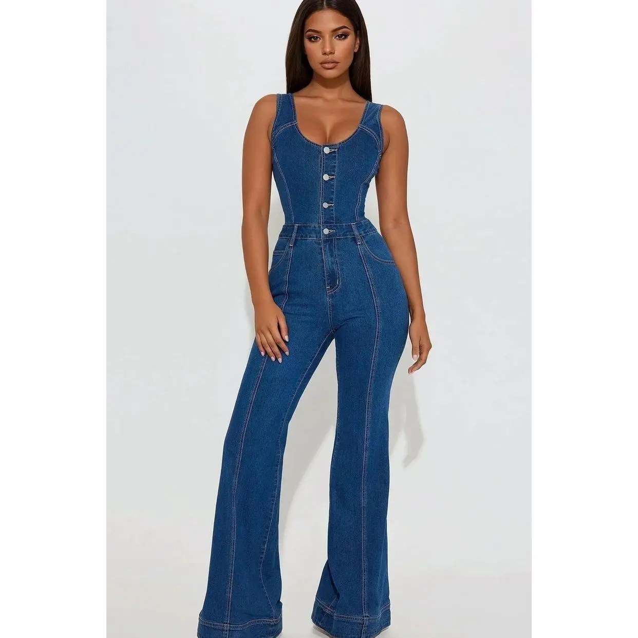 Women's Jane Denim Overalls Jumpsuit - Dark Wash, Spandex-Blend Garment, Functional Pocket, Slim Leg Design, Polyester