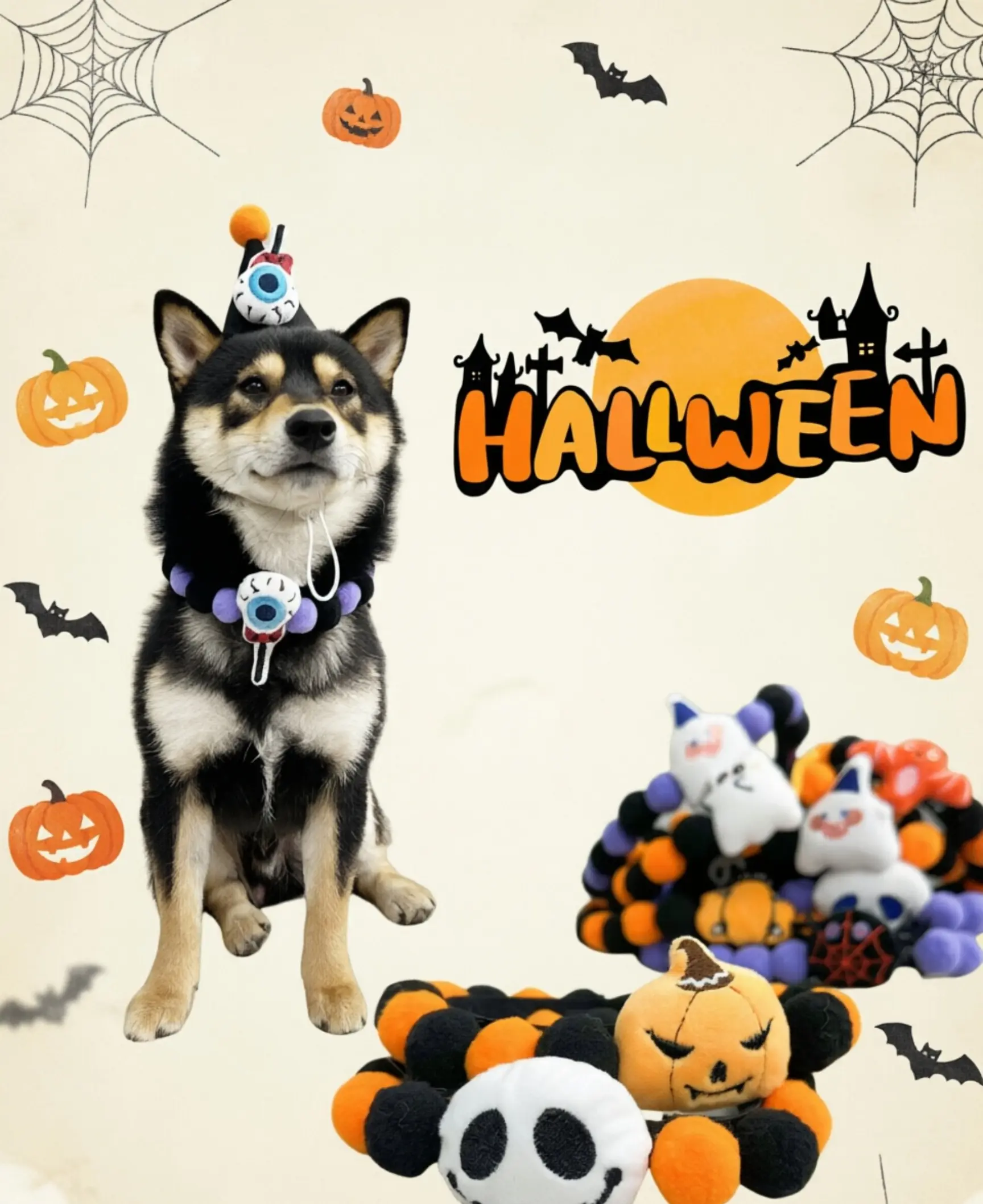 Funny Halloween Pet Costume Set - Pumpkin, Ghost, Skull Accessories, Cartoon Pom-pom Collars, Hats for Large Dogs and Cats