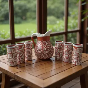Talavera Brown & White Drinkware Set | Handcrafted Pitcher & Cups