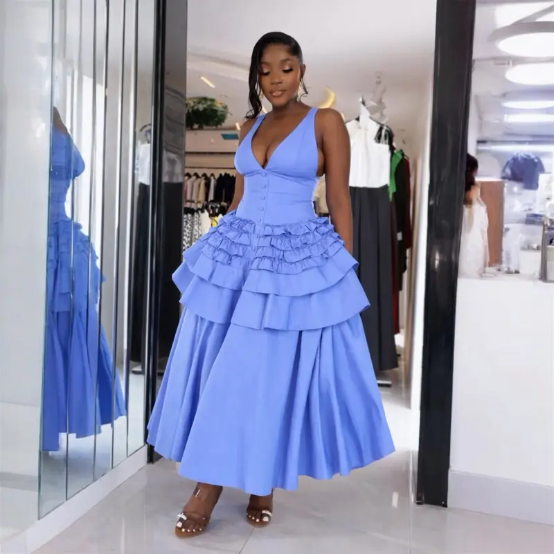 Women's Azure Corset Maxi Dress - Elegant Sleeveless 1-Piece Formal Gown with Deep V-Neck, Layered Ruffle Waist, Comfortable Fabric, Skirt Design for Evening Parties, Prom, Birthday Events, One Piece