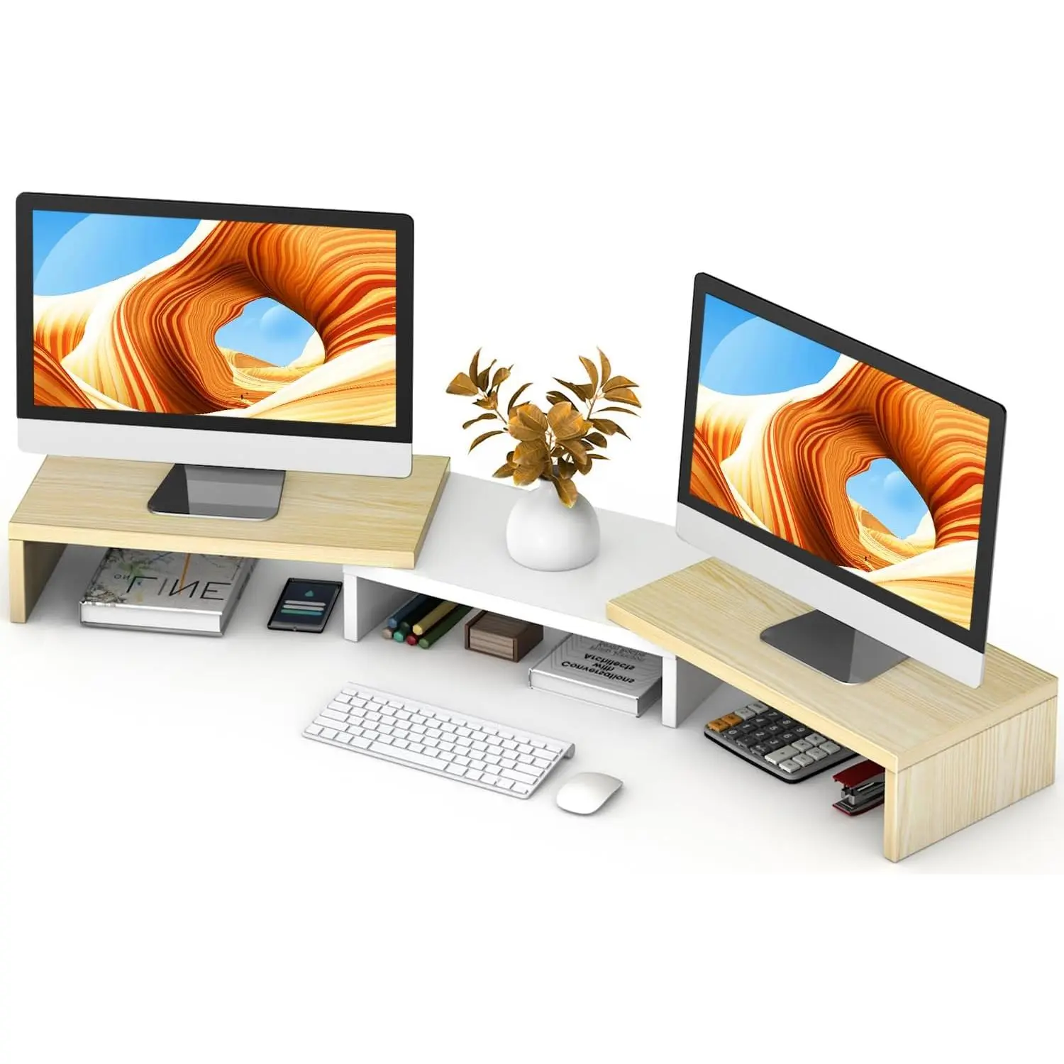 Dual  Stand Riser, Computer  Stands for 2 Monitors, Extra Long Multifunctional Desktop Organizer Riser for Computer, Laptop, PC, Printer, TV, Max 48.2" Length, Oak
