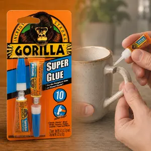 Gorilla Super Glue 0.8 oz Clear Sandable Plastic Glue/Epoxy, clear CA adhesive, fast-drying 10-45 sec, impact tough, anti-clog cap, airtight seal, strong bond, sandable, plastic, wood, glass, metal, ceramic, rubber, leather, paper, crafts, home repair