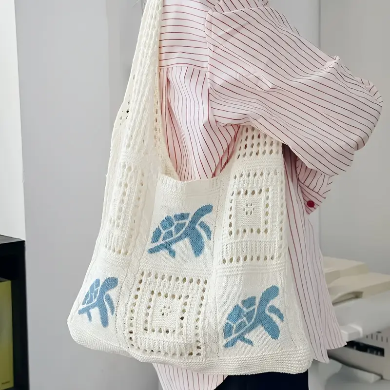 Women's Summer Bohemian Woven Beach Tote Bag, Handmade Knitted Shoulder Bag, Large Capacity Light Beige Polyester Handbag, Open Top with Decorative Stitching & Exquisite Crochet, Simple Versatile for Daily Commute & Beach Travel, Durable Floral Accents