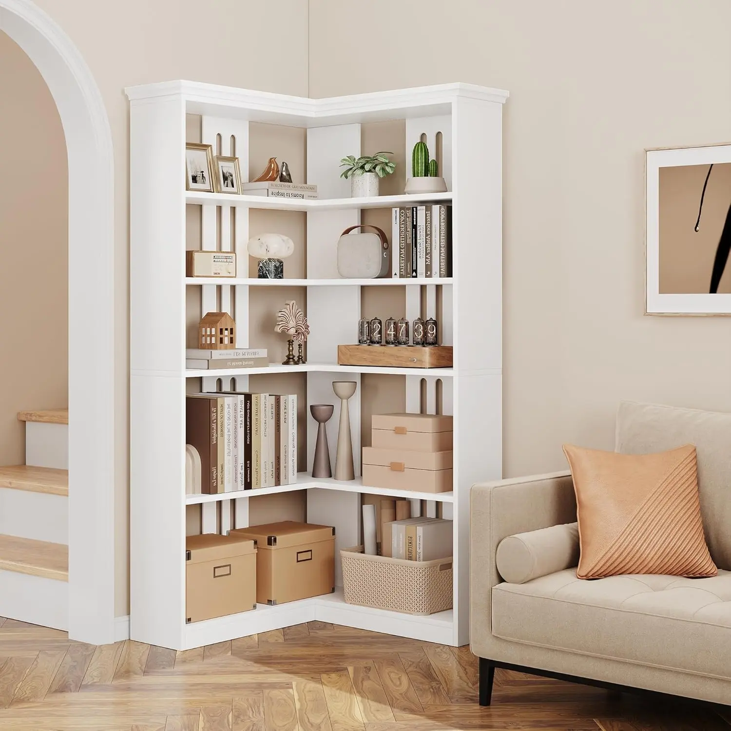 【Christmas Gift】Sturdy White L-Shaped 5-Tier Farmhouse Corner Shelf, 72.8 in Tall Half-Panel Wood Display Rack for Living Spaces, Offices, 60 lbs per Tier, Anti-Tipping Straps, Assembly Required, Responsive Customer Service, Storage, Durable
