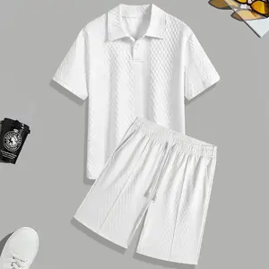 Men’s solid textured patched tee and drawstring waist shorts set, regular fit crew neck short-sleeve T-shirt and pocket shorts, men’s summer casual outfit set
