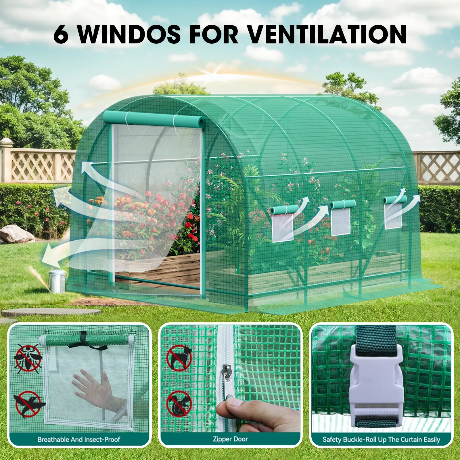 Grezone 10x7ft Heavy-Duty Rectangle Metal Portable Walk-in Tunnel Greenhouse for Plants, Outdoor Steel Frame Hot House with Roll-up Zip Door, Zipper, Screen Windows, UV Protection, Natural Light Access, Reinforcement Bars for All-Season Home Essentials