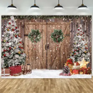 2D Flat Festive Merry Christmas Party Banner Holiday Decoration Fantasy Country Wood Door Background Cloth Professional Photography Prop photo booth