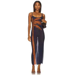 WeWoreWhat Mesh Scoop Maxi Slip Dress in Palm Placement Midnight Blue & Clay