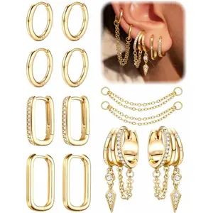 Graduation Gift Earring Stacks - Non Tarnish 14K Gold Plated Surgical Steel Earring Dainty CZ Huggie Dangle Hoops Cartilage Illusion Claw Chain Earring Pack Multiple Piercing Jewelry Trendy