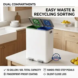 Garvee Dual Compartment Kitchen Trash Can - 16 Gallon markless Steel Step-On Bin - Soft-Close Lids Removable Inner Buckets Odor Control Fingerprint Resistant - Large Capacity Recycling & Waste Matte Gray