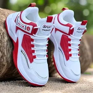 Men's high top basketball sneakers - white with red decoration, lace up, rubber sole, casual and training all season sports shoes, basketball training shoes(Sheet)