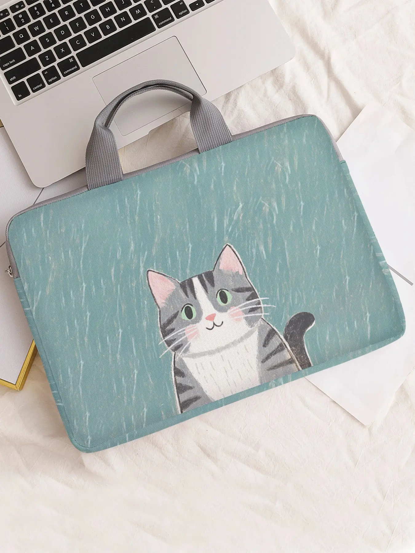 Cat Pattern Printed Notebook Bag, Soft Laptop Sleeve, Tablet Case, Zipper Storage Pouch, Casual Style, All Seasons Use