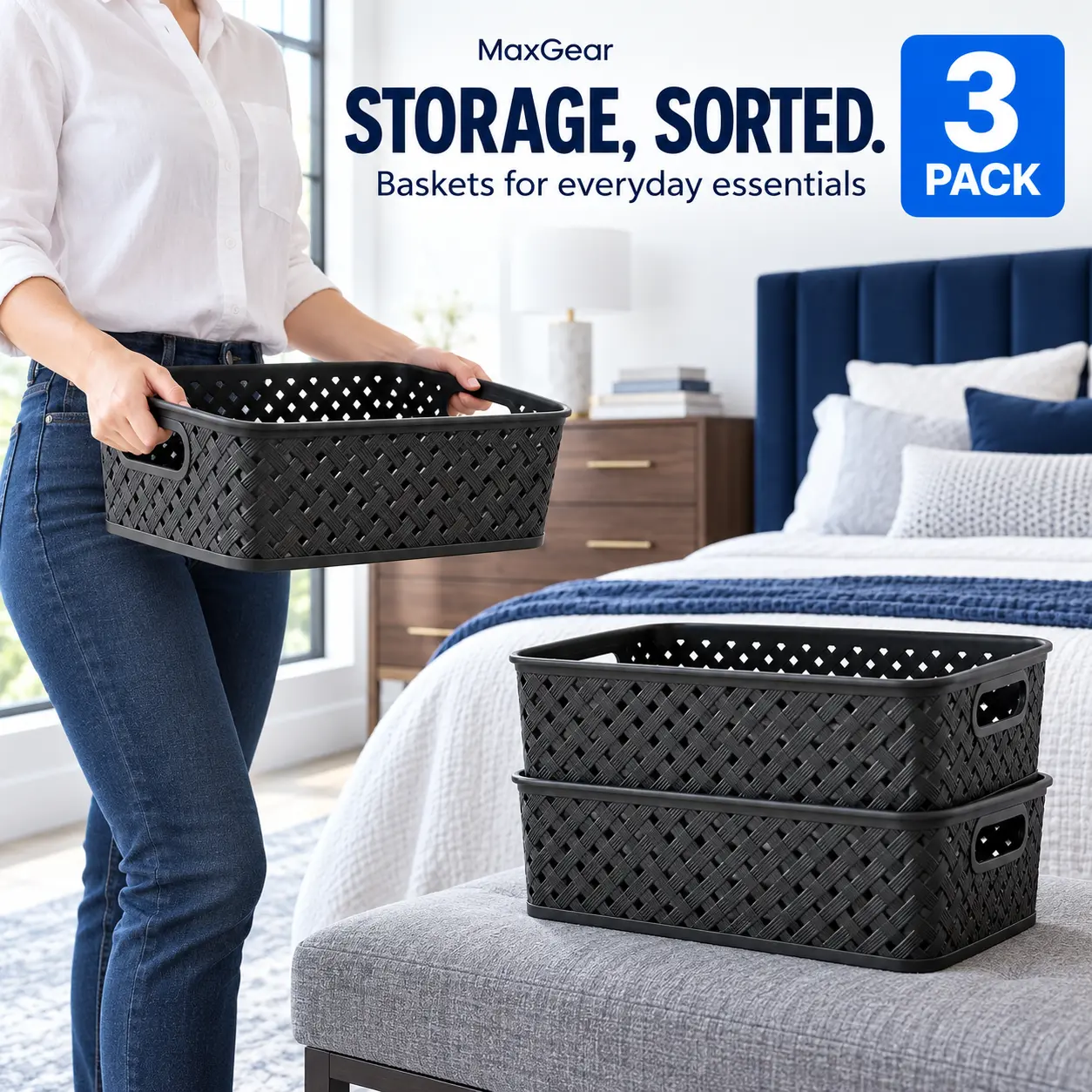 MaxGear Baskets for Organizing, 3 Pack Plastic Storage Baskets with Built-In Handles, Woven Organizer Bins for Pantry, Closet, Bathroom, Kitchen, Cabinet and Office
