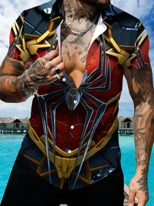 Spider-Man Theme Printed Short Sleeve Shirt, Men's Fashion Trendy Casual Top, Red Black Gold Design