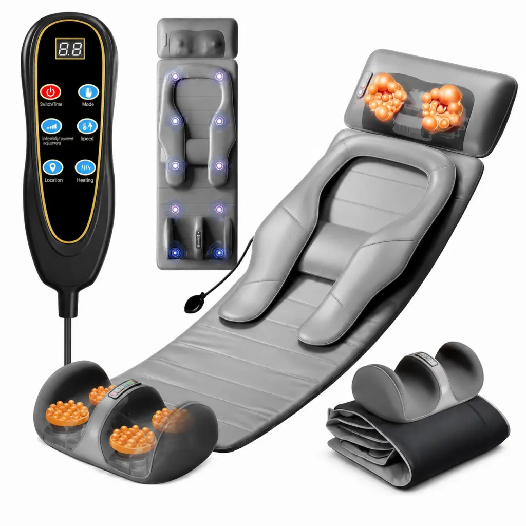 Foldable Full‑Body Massage Mat with Shiatsu Kneading for Head, arms, 9 Gear Detachable 3D Neck Massager, 【NOTE: Back Part Just Does Buzzes】Adjustable Back Vbration, Multi‑Function Electric Massager, Ideal for birthday & holiday gifts,   PU