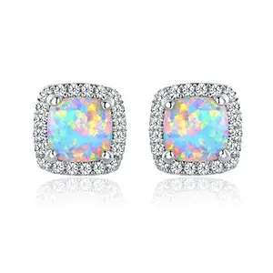 GEMSME 6MM White Golden Plated Round Cut Created White Opal Stud Earrings for Women