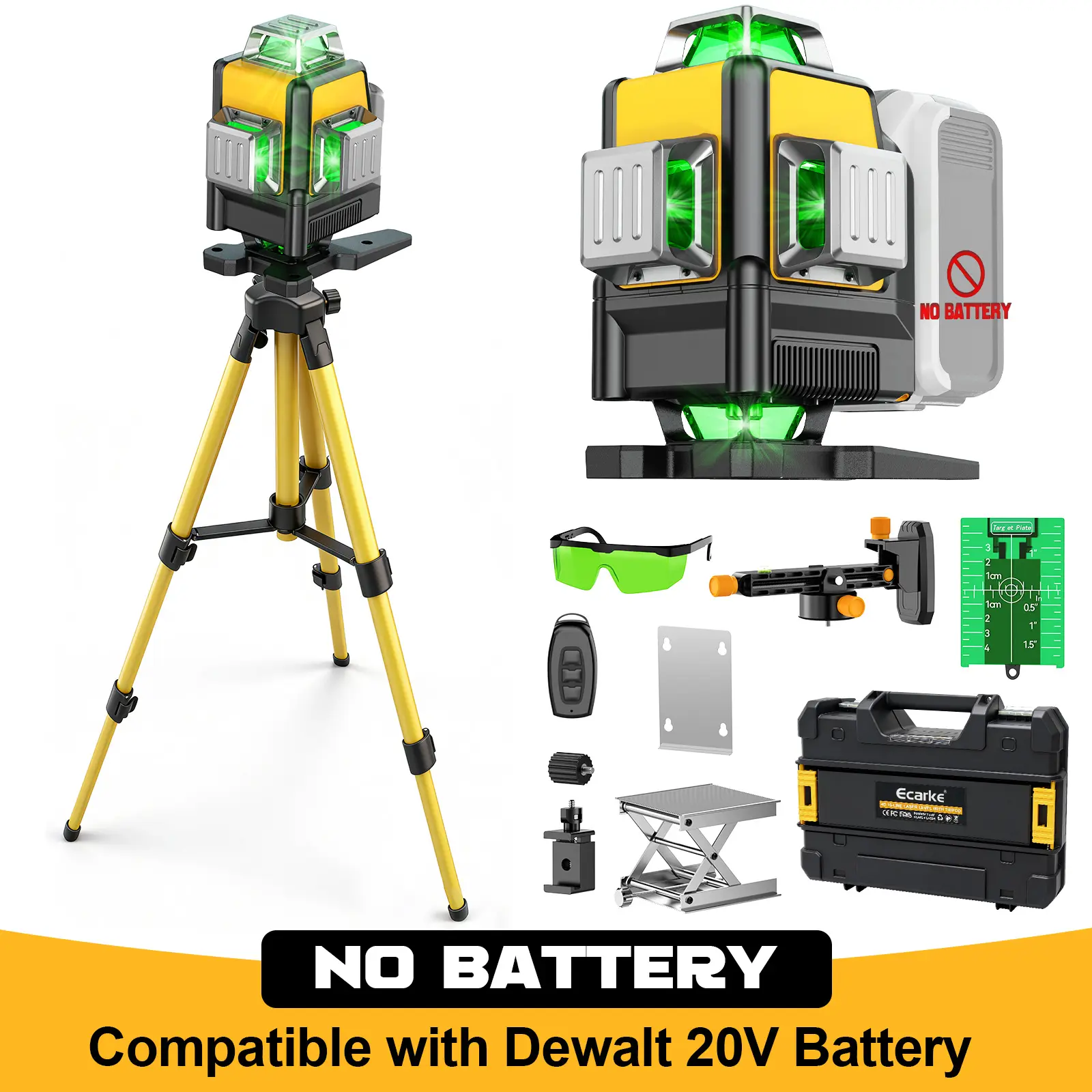 Ecarke 4D 360° Self-Leveling Laser Level Compatible with Dewalt 20V Battery, 【Battery NOT Included】, Green Line Laser Level Tool with Tripod for Construction, Picture Hanging, Tile, Home Renovation