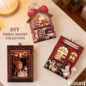 Fridge Magnet DIY Book Nook Kit, 3D Puzzle Toy, Dollhouse Shop Animal Mini House, Creative Assembly Model, Decorative Furniture, Miniature Furniture