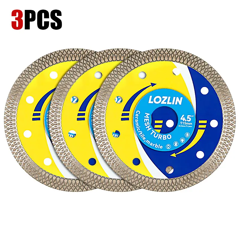 LOZLIN 3PCS 4.5"(115mm) Diamond Mesh Turbo Blades - Ultra Thin Dry Cutting for Tile, Stone & Ceramic - No Chipping Angle Grinder Saw Blades Tool