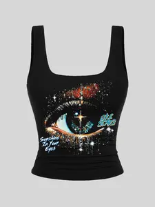 Women's "Sunshine In Your Eyes" Starry Sky Print Crop Top, Y2K Style Sleeveless Camisole, Slim Fit Streetwear, perfect for music festivals & summer outfits. Summer Top/T-shirt.