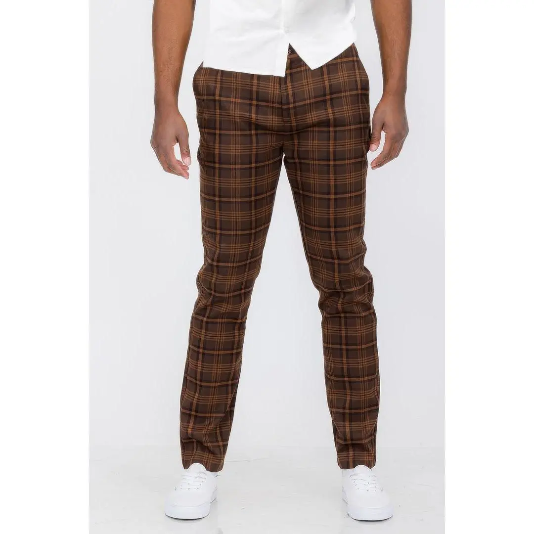 Chocolate Dreame    Men's Plaid Trouser Pants in Brown with Slim Fit Design, Button Fly Closure, and Standard Side Pockets for Casual and Semi-Formal Occasions - Menswear, Stylish, Classic, Fabric