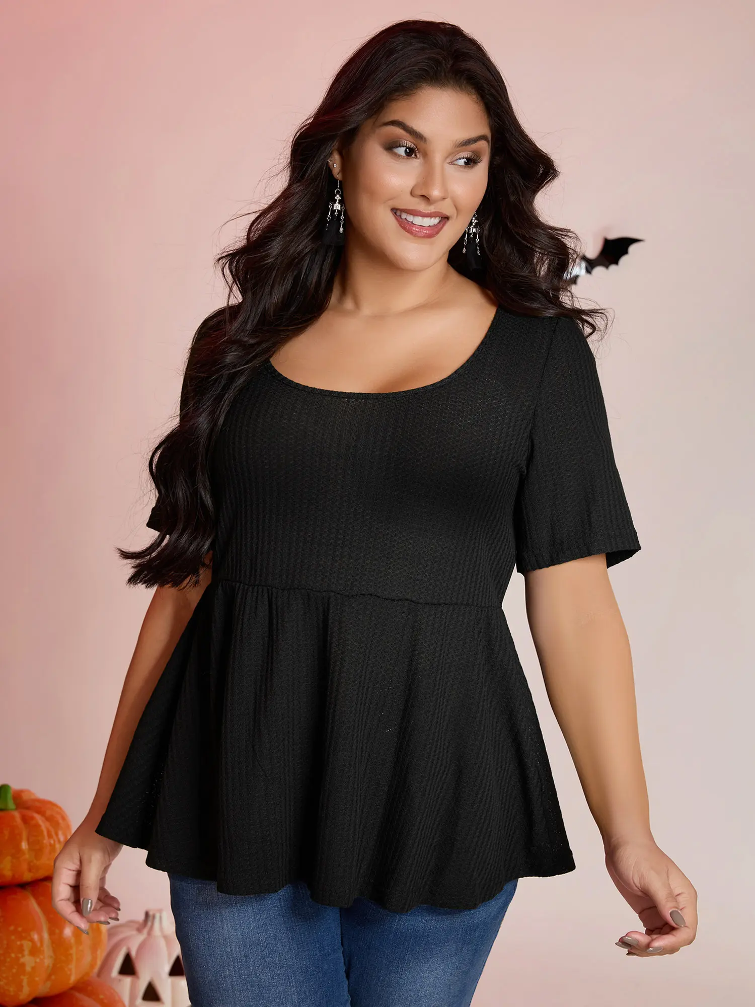BLOOMCHIC Women's Plus Size Halloween Black Fitted U-Neck Regular Sleeve Polyester Blend Streetwear Blouse with Minimalist Turn-Up Design [M-6X], 2026 Summer Vibes, Casual Breathable Design,Summerfinds