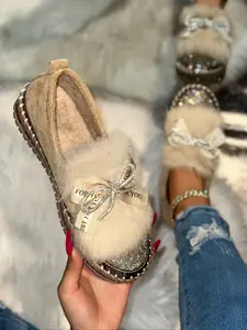 Women's Casual Faux Fur Mary Jane Flats, Fluffy Flats, Cute Butterfly Rhinestone Decor, Slip-On Round Toe Shoes, Comfortable All Seasons