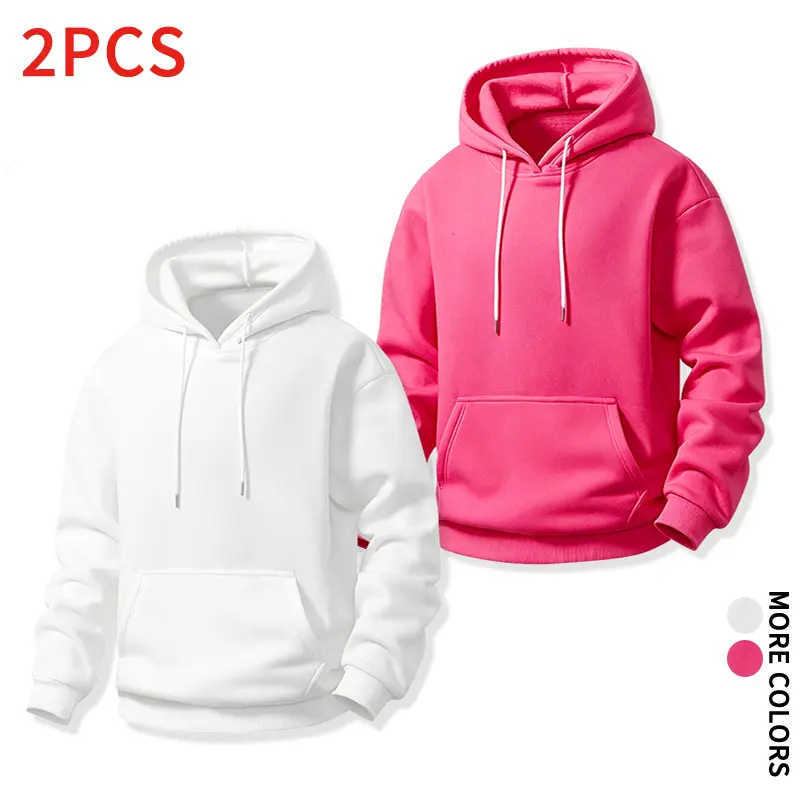 2pcs Men’s Solid Color Pullover Hoodie Drop‑Shoulder Long Sleeve Sweatshirt with Kangaroo Pocket for Daily Street Jogging Wear