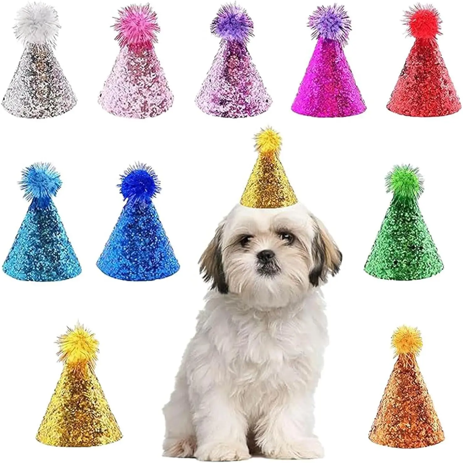 10 Pcs Dog Birthday Hat Set for Small Medium Dogs Cats Puppies, Mini Party Hat with Adjustable Headbands, Cute Pet Hat with Pompons for Birthday Christmas Party Decoration Accessories (Small 4 Inch)