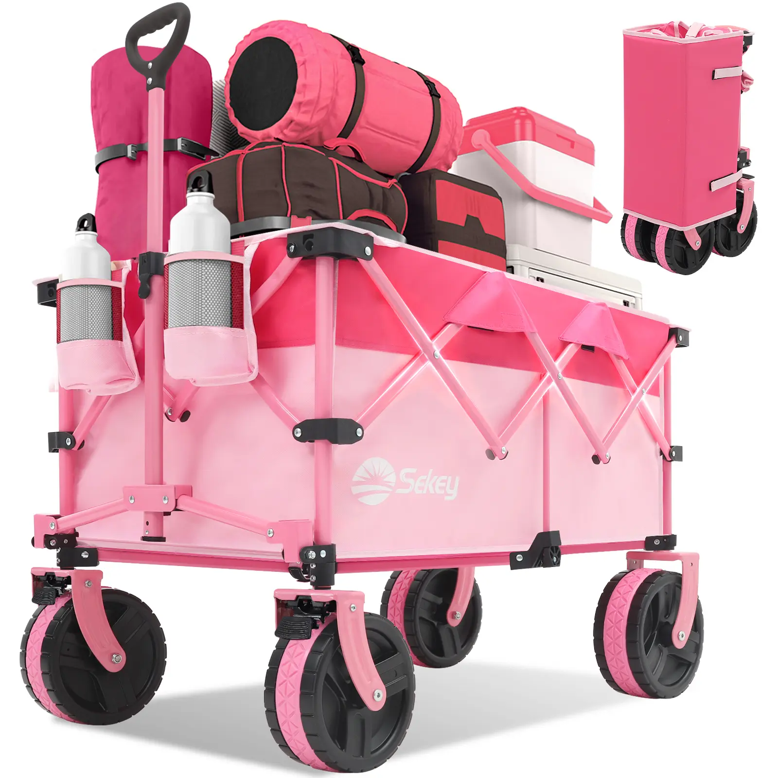 Sekey 220L Collapsible Folding Wagon, Heavy Duty Utility Cart with 330lbs Capacity, All-Terrain Wheels & Drink Holders