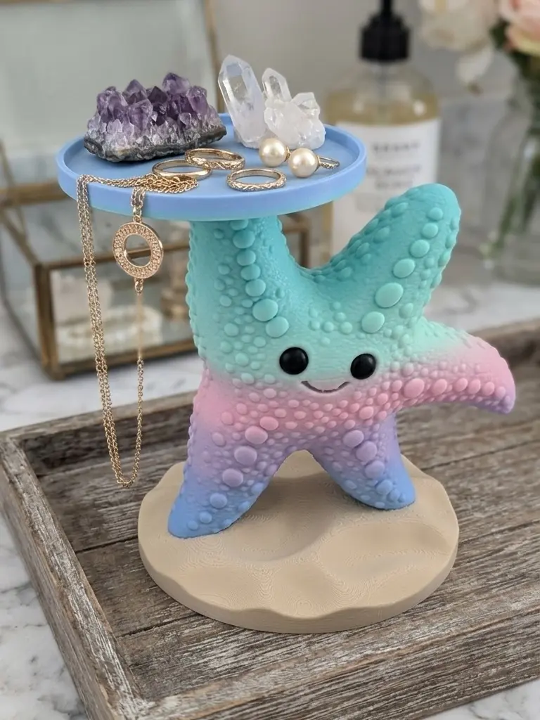 3D-Printed Starfish Form Multi-Use Plastic Trinket Dish-Candle Holder, Coastal Beach Aesthetic Room Platform for BBW 3-Wick Candles, Vanity Tray Organizer Home Decor Gift, Dual-Purpose