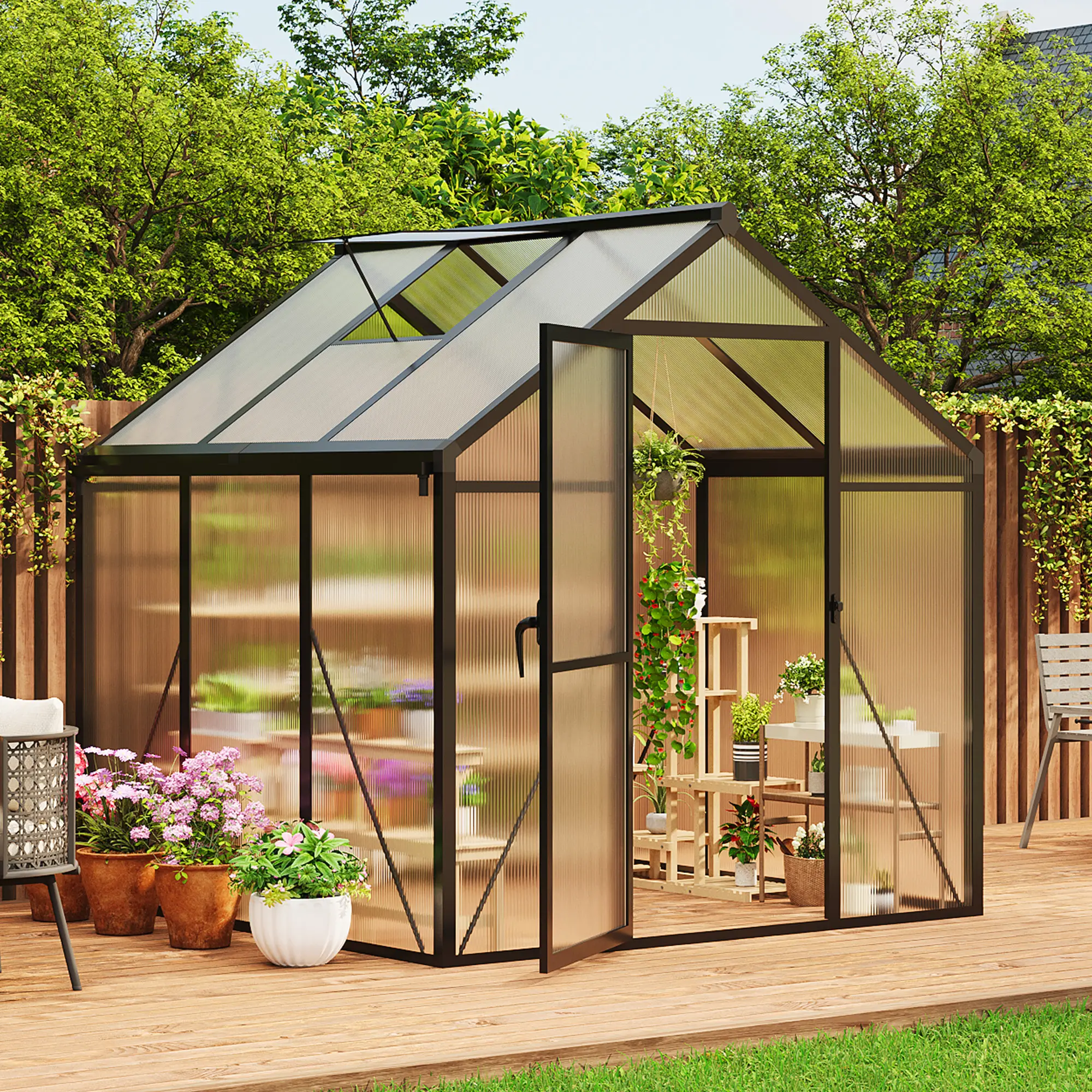 6 x 8ft Large Walk-In Polycarbonate Greenhouse with Slide Door and Window, Heavy-Duty Aluminum Frame, Easy Assembly