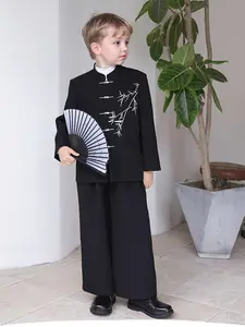 Boys' Traditional Chinese Costume Set, Stand Collar Embroidered Zhongshan Jacket, Ethnic Style Outerwear, National Wind Tang Suit Performance Wear