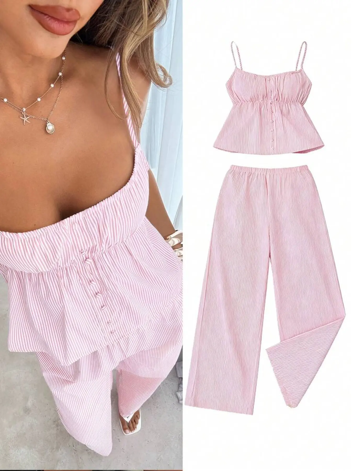 Women’s Summer Tank Top and Wide-Leg Pants Set, Striped Casual Two-Piece Outfit for Campus, Home and Daily Wear